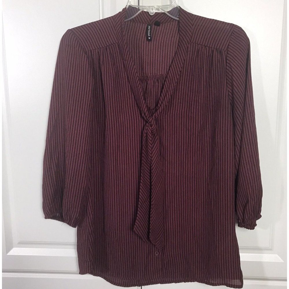 Heart Soul Size M Button Up Blouse Striped Black Red Collarless Tie Neck